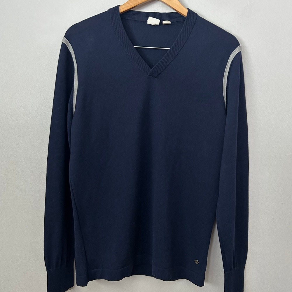 Hugo Boss Orange Sweater Mens Large Navy Blue V-Neck Wool Blend Kiru‎